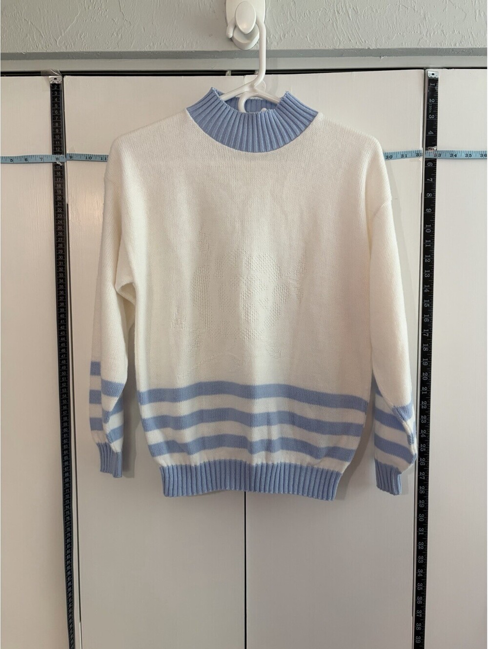 Vintage 80s Teasers Mock Neck Sweater Cream Baby Blue Stripe Knit USA Made